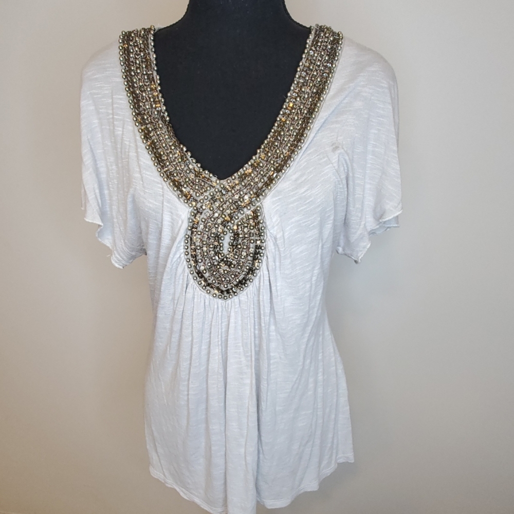 Silver and brown embellished light grey top